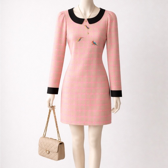 🧶LILY Pink & Beige Grid Shift Dress with Embroidered Birds - Size S - Picture 1 of 14